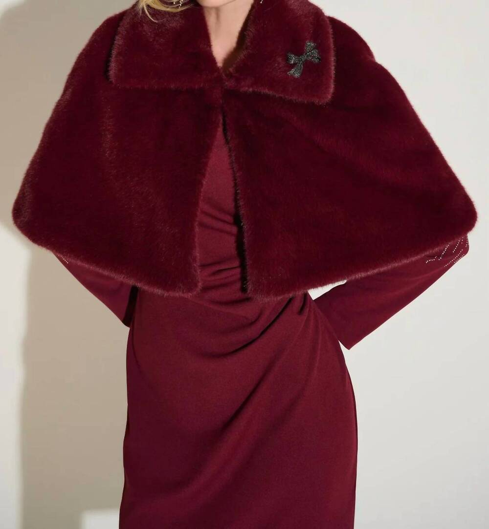 NEW JOSEPH RIBKOFF faux fur cropped cape jacket in merlot